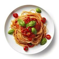 Delicious Plate of Spaghetti with Tomato Sauce on a White Background Generative AI photo