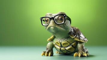 A cute little green turtle with glasses, Generate Ai photo