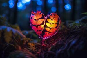 Glowing bioluminescent plant shaped like a human heart, in a mysterious forest. Generative AI photo