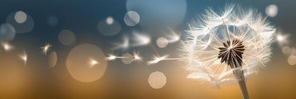 Abstract blurred nature background dandelion seeds parachute. Bokeh pattern. Generative AI photo