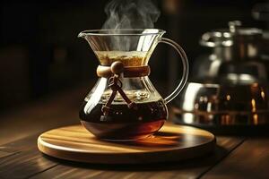 An alternative coffee brewing method is pure over, a glass teapot on a wooden tray. Generative AI photo