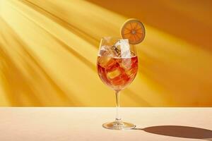 Aperol spritz summer drink in glass with shadows, tropical background. Generative AI photo