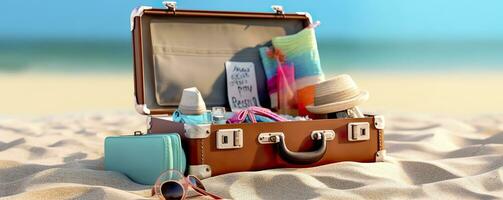 Beach Preparation, Accessories In Suitcase On Sand. Generative AI photo