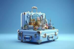 azul maleta lleno de puntos de referencia y viaje accesorios en azul antecedentes. generativo ai foto