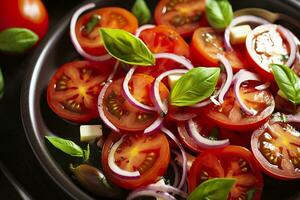 Healthy tomato salad with onion basil olive oil and balsamic vinegar. AI Generated photo