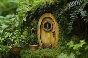Little magic wooden fairy doors and plants leave on a mossy natural green background. AI Generated photo