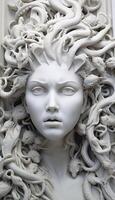 Portrait of cyborg medusa close up carved in marble. AI Generated photo