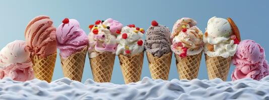 Banner with ice cream in a waffle cone on a summer day. Generative AI photo