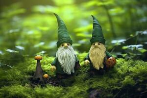Toy Irish gnomes in a mystery forest, abstract green natural background. Generative AI photo