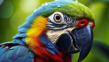 Tropical macaw perched, vibrant feathers in focus. Generative AI photo