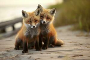 Wild baby red foxes cuddling at the beach. Generative AI photo