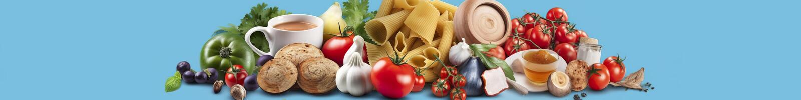 Web page banner of famous Italian food recipes on clean blue background. AI Generated photo