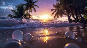 Beach with waves and coconut trees at sunset. Generative AI photo