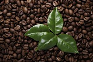 Green leaves with coffee beans as background. AI Generated photo