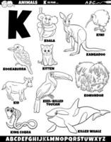 cartoon animal characters for letter K set coloring page vector