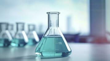 A Science Beaker in the laboratory on a table white and light blue background. laboratory equipment out of focus. AI Generative photo