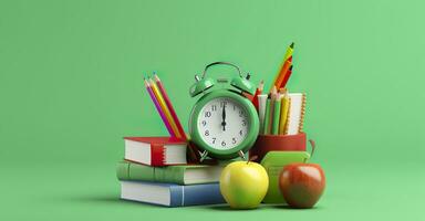 Pop art illustration of School accessories with apples, books, and an alarm clock on the School background. Back to school concept. 3D Rendering, AI Generative photo