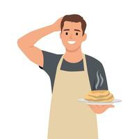 Smiling young man ready to having tasty pancake. eating pancakes. vector