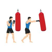 Man doing right hand cross on the sandbag exercise. Training boxing. vector