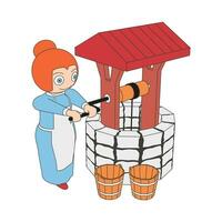 Cartoon woman uses a well. vector