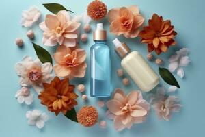 Fresh floral skincare concept. Top view flat lay of pump bottle, pipette, cream bottles, and tubes with flowers on pastel blue background with an empty circle for text or branding. AI Generative photo