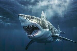 The King of the Ocean, The Great White male shark Hunter underwater view, Guadalupe island, Mexico. AI Generative photo