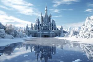 A Snowy Wonderland, A 3D Rendering of Elsa Castle in a Blue Snowy Mountain Background. AI Generative photo