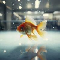 Beautifully colored goldfish swim in the clear aquarium water. 3d animation swimming goldfish.  AI Generative photo