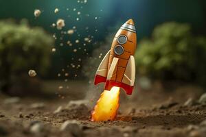 Toy rocket takes off business and finances success concept. AI Generative photo