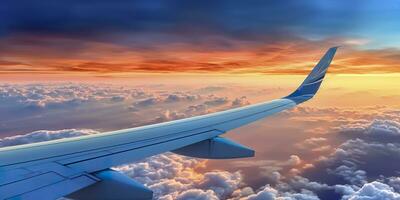 avión avión ala a puesta de sol hora mediante nubes, ai generativo foto