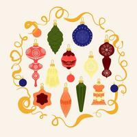 Christmas balls. Decorative winter toys. Hand-drawn New Year's toys. Beautiful holiday ribbons. Set of vector decorative elements.