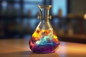 Close Up of a Science Beaker Filled with Multi Colored Liquids. AI Generative photo