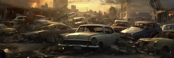 cars World collapse, doomsday scene, digital painting, digital illustration. AI Generative photo