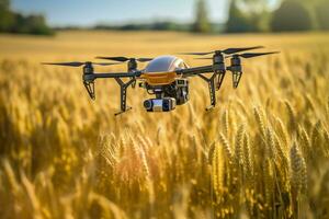 Drone monitoring crops and smart agriculture in a digital farming.  AI Generative photo