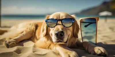 Golden Retriever dog is on summer vacation at seaside resort and relaxing rest on summer beach of Hawaii. AI Generative photo