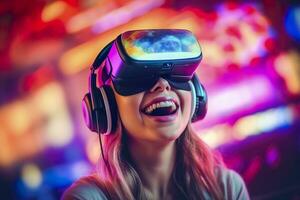 portrait of a smiling woman in casual clothes wearing Virtual Reality glasses, and playing, neo light, blurred neo color background, AI Generative photo