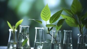 biotecnología concepto con verde planta hojas, laboratorio cristalería, y conductible investigación, ilustrando el poderoso combinación de naturaleza y Ciencias en médico avances ai generativo foto