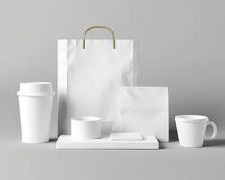 Blank bag, coffee mug, and cup on a light background. Generative AI photo