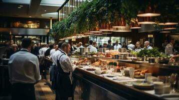 un restaurante escena con un borroso antecedentes. en el primer plano, allí son personas comiendo y cocineros y camareros laboral. foto