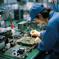 un trabajador manejo un electrónico circuito tablero. el trabajador es montaje o pruebas el tablero foto