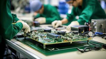 a worker handling an electronic circuit board.  the worker is assembling or testing the board photo