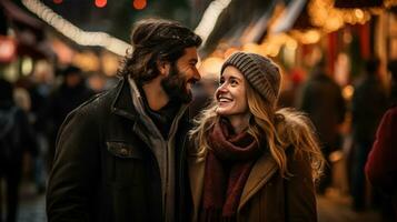 Couple enjoying Christmas market walking near stalls photo