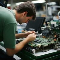 a worker handling an electronic circuit board.  the worker is assembling or testing the board photo