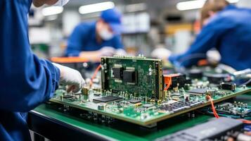 a worker handling an electronic circuit board.  the worker is assembling or testing the board photo