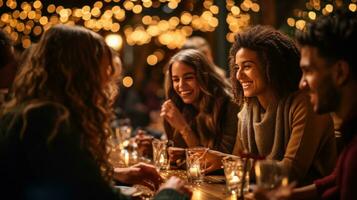 personas a un mesa celebrando Navidad con brillante espumoso luces foto