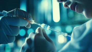 A medical worker in a white coat and blue rubber gloves fills a syringe with medicine from an ampoule through a needle. photo