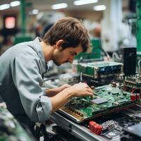 a worker handling an electronic circuit board.  the worker is assembling or testing the board photo