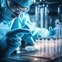 A medical worker in a white coat and blue rubber gloves fills a syringe with medicine from an ampoule through a needle. photo