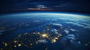 view from space of illuminated earth in night photo