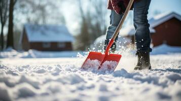a person using a snow shovel to clear snow photo